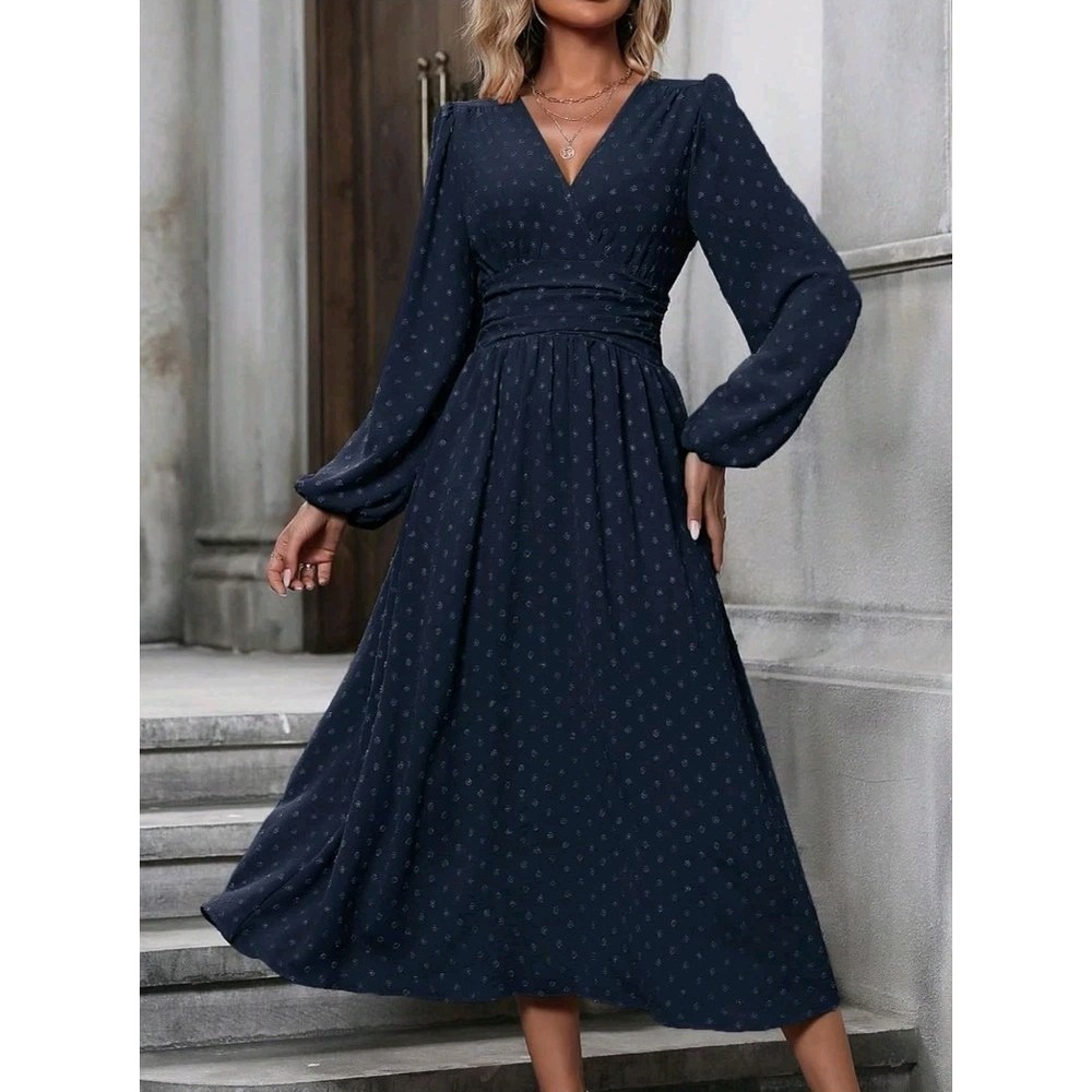 Xxl-Women's Spring Fall Midi Dress Casual Long Sleeve V Neck Swiss Dot Navy Blue - Picture 4 of 4
